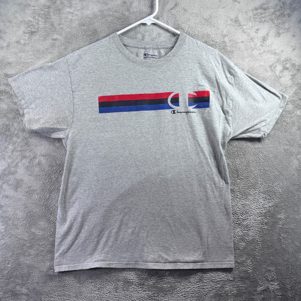 Champion Mens T-Shirt Large Oxford Gray Short Sleeve Classic Logo Stripe Basic - Picture 6 of 8